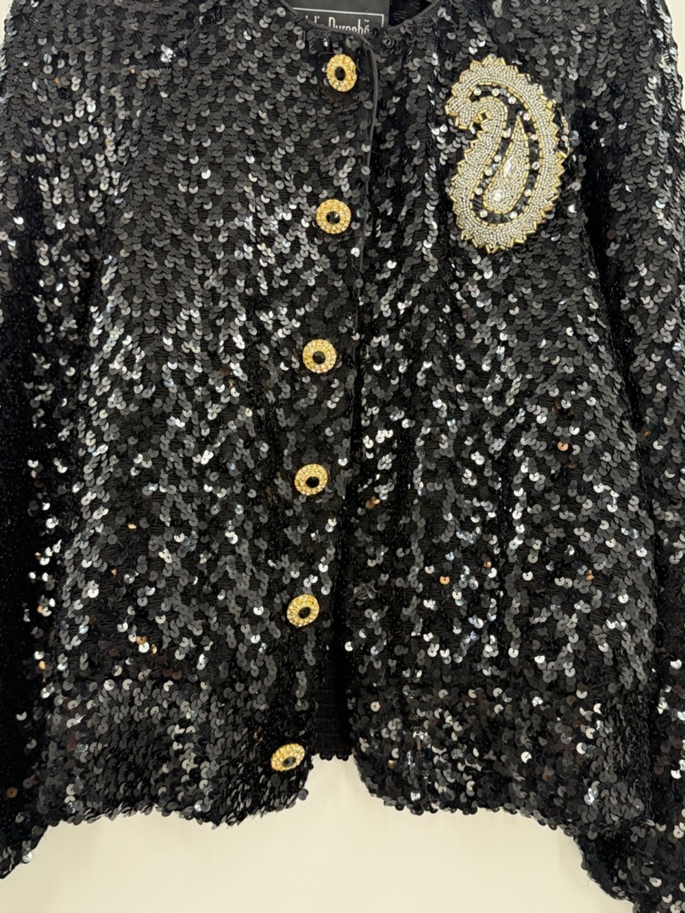 Vintage Julie Duroché Sequin Jacket Black Beaded Paisley Evening Blazer Glam 80s - Picture 14 of 15